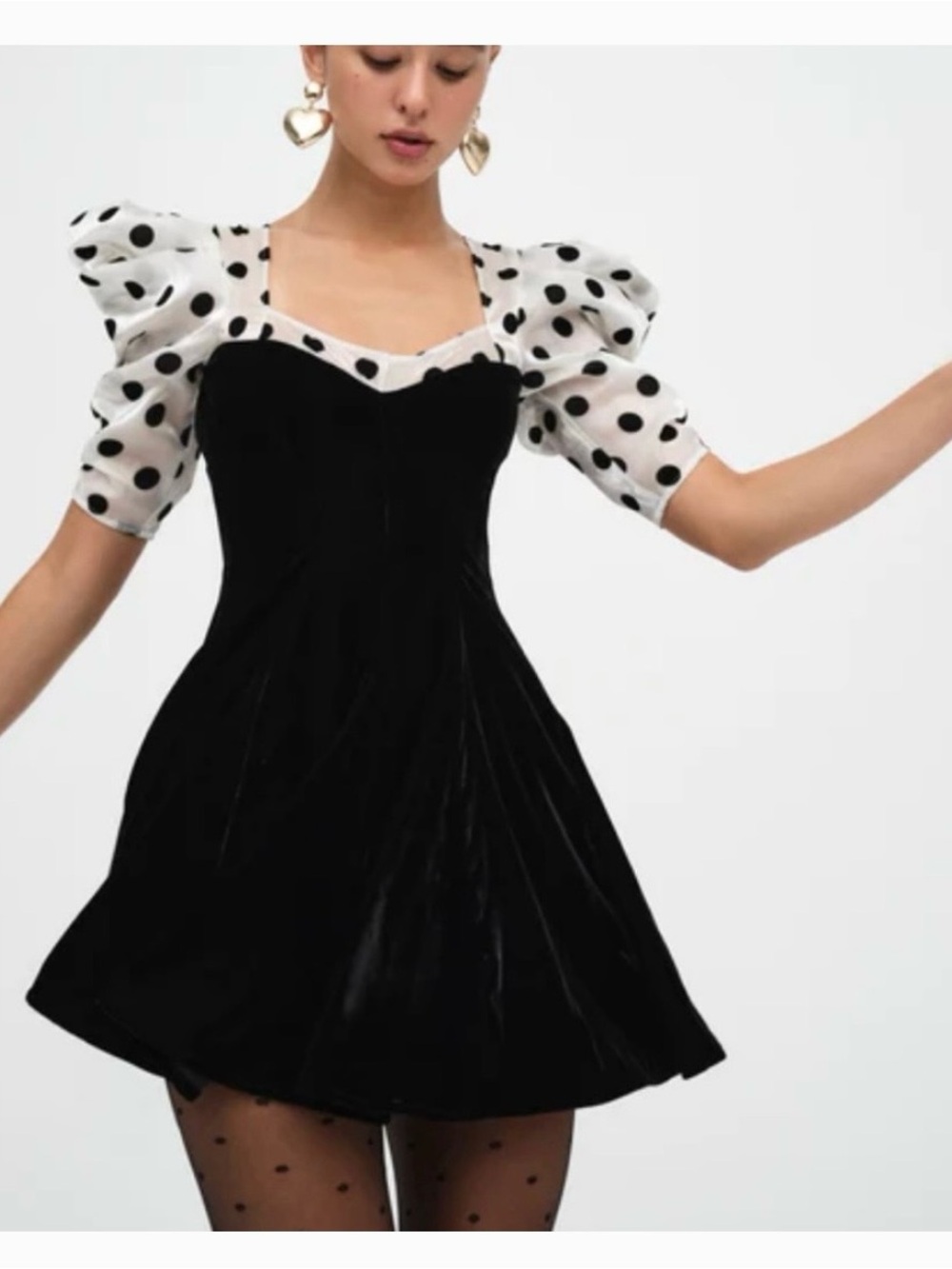 For Love & Lemons Dolly Polka Dot Puff Sleeve Velvet Mini Dress XS
